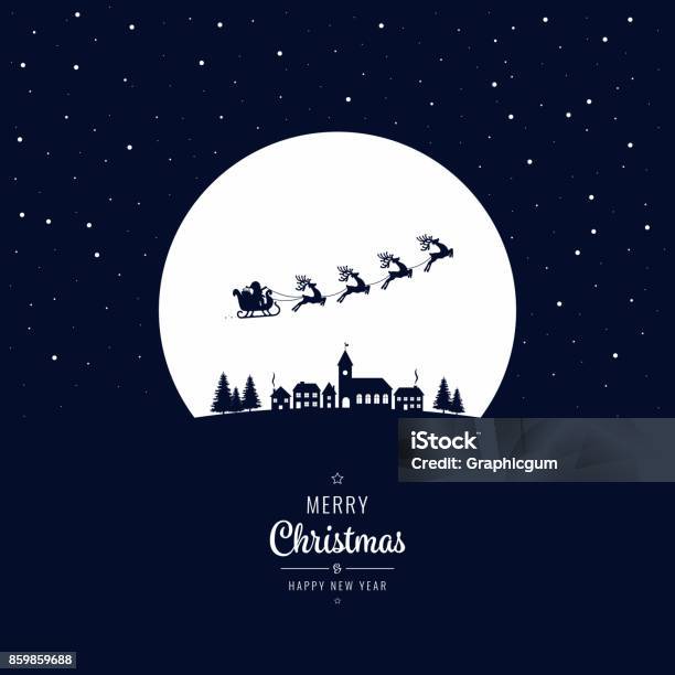 Ilustración de Trineo De Santa Claus Volando En La Aldea De Invierno Noche De Navidad y más Vectores Libres de Derechos de Navidad