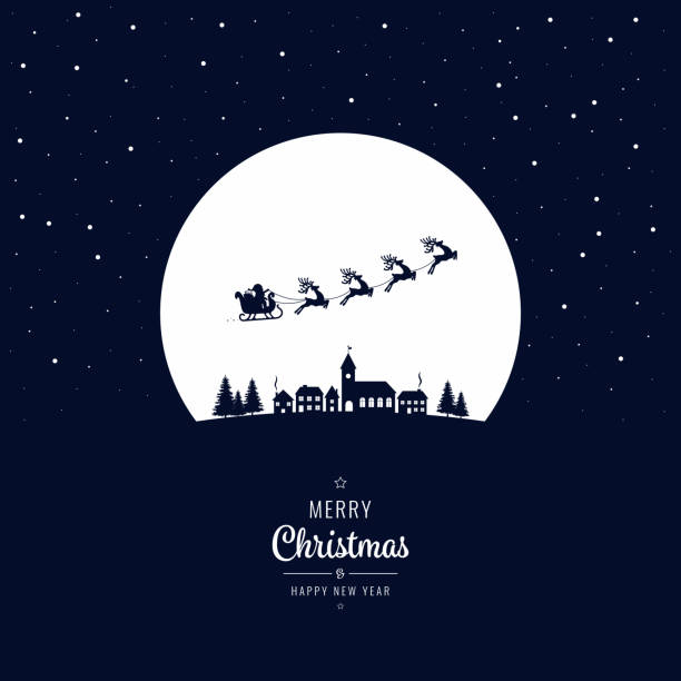 istock Santa sleigh flying into the winter village christmas night 859859688