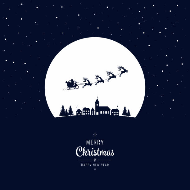 Santa sleigh flying into the winter village christmas night Santa sleigh flying into the winter village christmas night moon silhouettes stock illustrations
