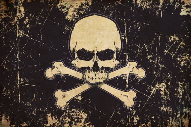 piraten kieferlosen skull &amp; bones im alter flach fahne - skull dirty insignia grunge stock-grafiken, -clipart, -cartoons und -symbole
