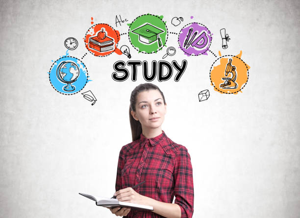 istock Young woman with a planner, study icons 859871084
