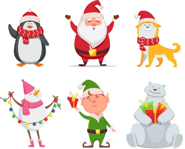 Vector illustration of Christmas characters in cartoon style. Santa, yellow dog, elf. Penguin and snowman