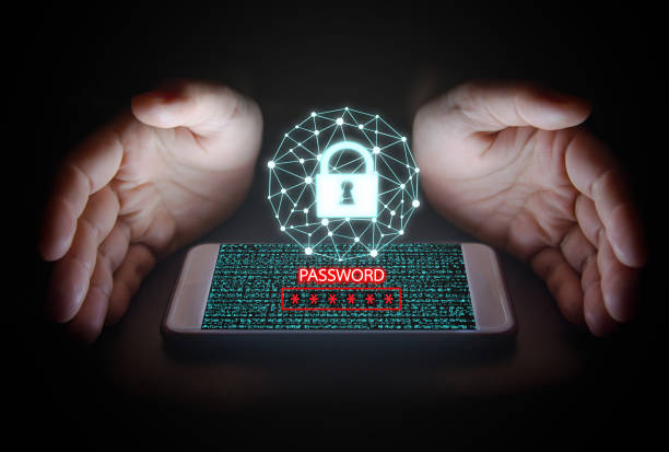 istock Cyber system security concept, woman hand protection network,data with lock icon,password text and virtual screens on smartphone. 859874624