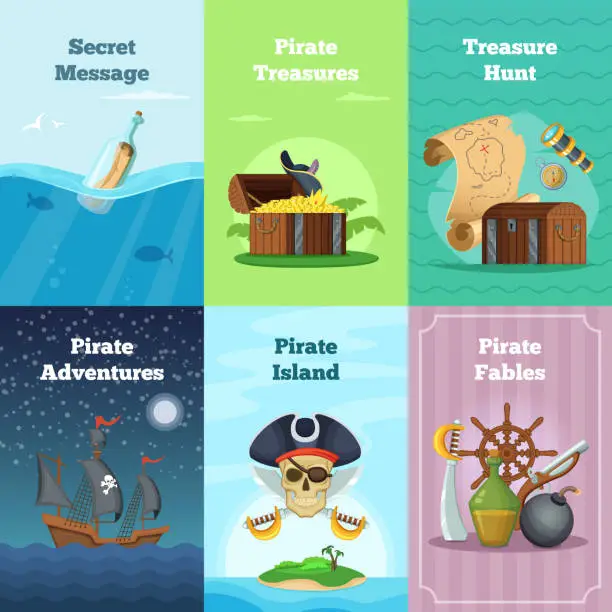 Vector illustration of Different invitation cards of pirate theme. Vector illustrations with place for your text