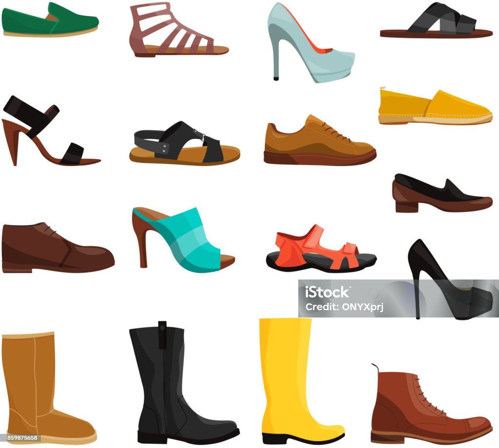 Diferentes zapatos ocasionales de los hombres y mujeres. Conjunto de imágenes de vector - arte vectorial de Calzado libre de derechos