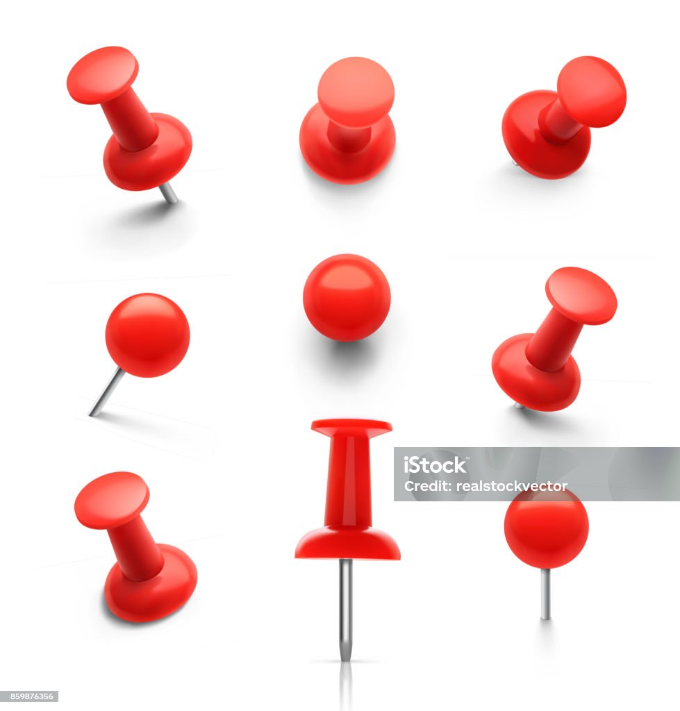 Set of push pins in different angles. Vector illustration. Thumbtack stock vector