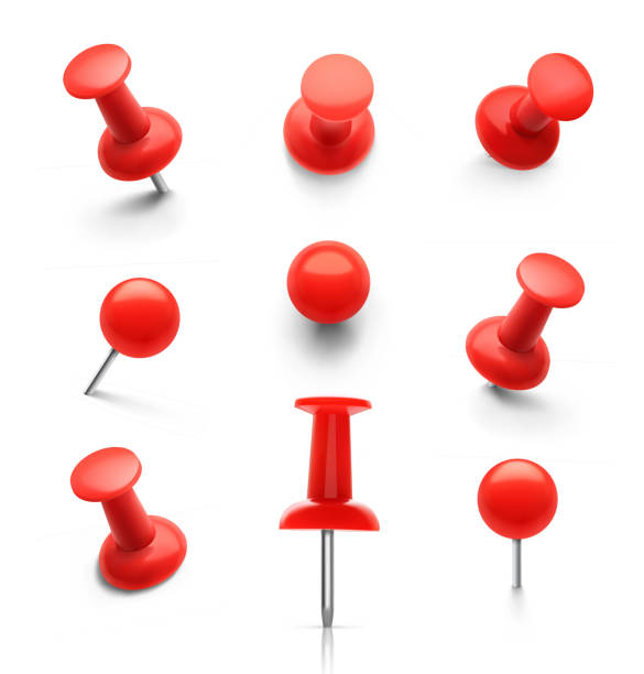 Set of push pins in different angles. Vector illustration. pinning stock illustrations