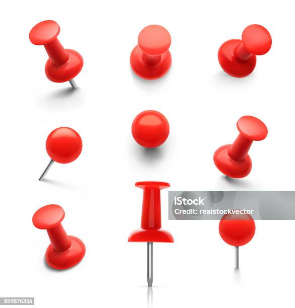 Set Of Push Pins In Different Angles Stock Illustration - Download Image Now - Thumbtack, Pinning, Red