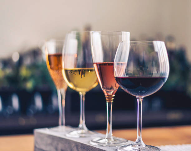 wine tasting theme with four glasses of wine - vinho do porto imagens e fotografias de stock
