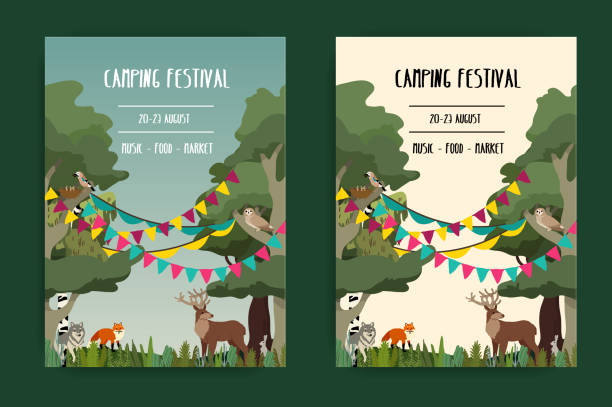 ilustrações, clipart, desenhos animados e ícones de definido o cartaz gráfico festival de verão ao ar livre com animais. veado, lobo e raposa. ilustração em vetor. - pennant flag party old fashioned