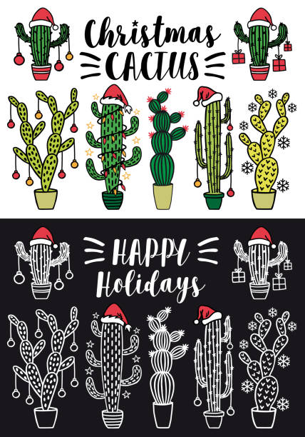 illustrazioni stock, clip art, cartoni animati e icone di tendenza di cactus di natale, set vettoriale - deco decoration christmas christmas tree