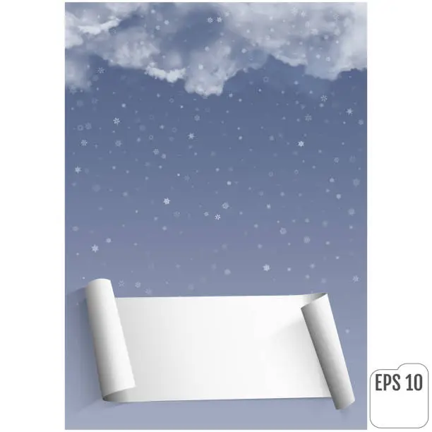 Vector illustration of Thunderclouds against the background of snowfall. Vector Realistic clouds.  Postcard with a place for recording