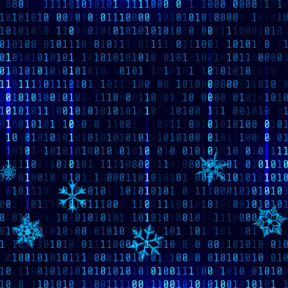 Vector matrix style binary background with falling snowflakes