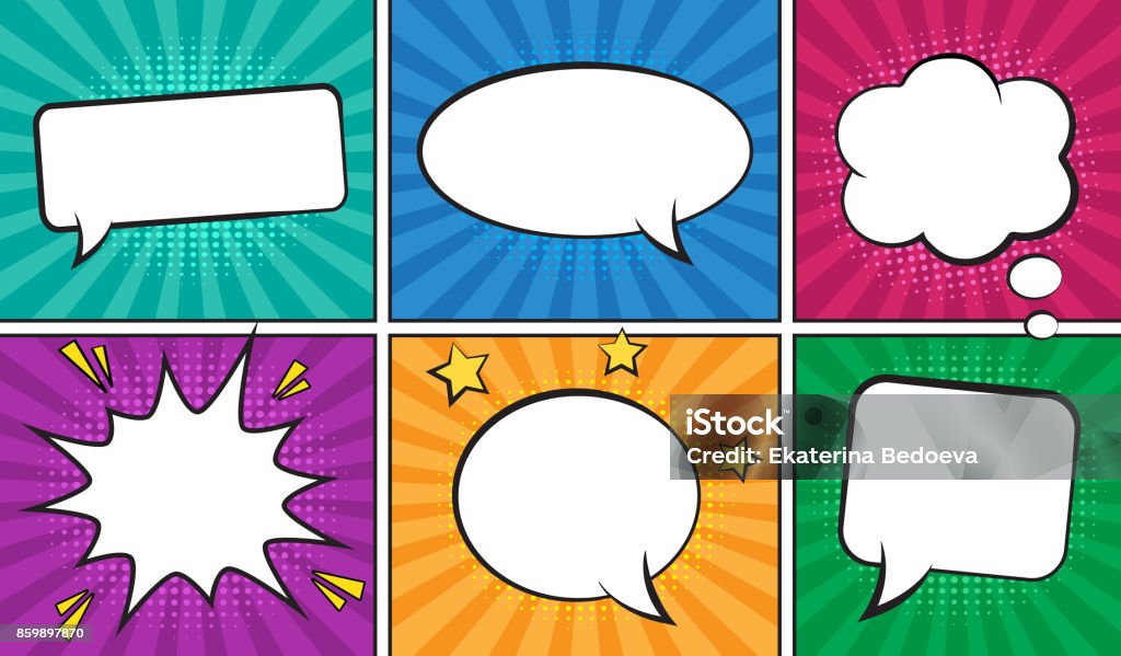 Retro comic empty speech bubbles set on colorful background. Vector illustration, vintage design, pop art style. Cartoon stock vector