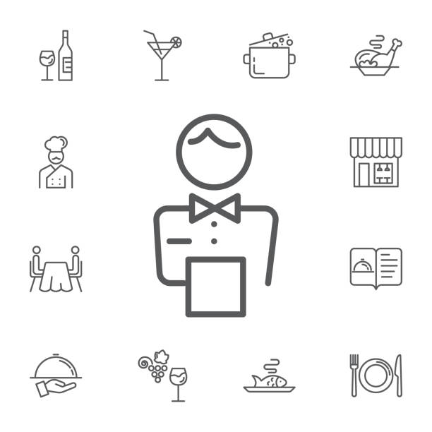 elegant waiter character icon. Simple Set of restaurant Vector Line Icons. elegant waiter character icon on the white background. Simple Set of restaurant Vector Line Icons. butler stock illustrations