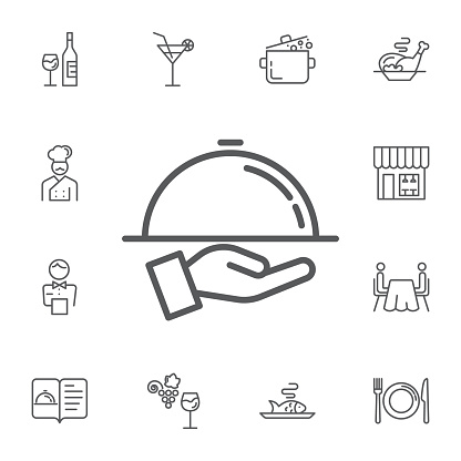 Tray on the hand icon on the white background. Simple Set of restaurant Vector Line Icons.