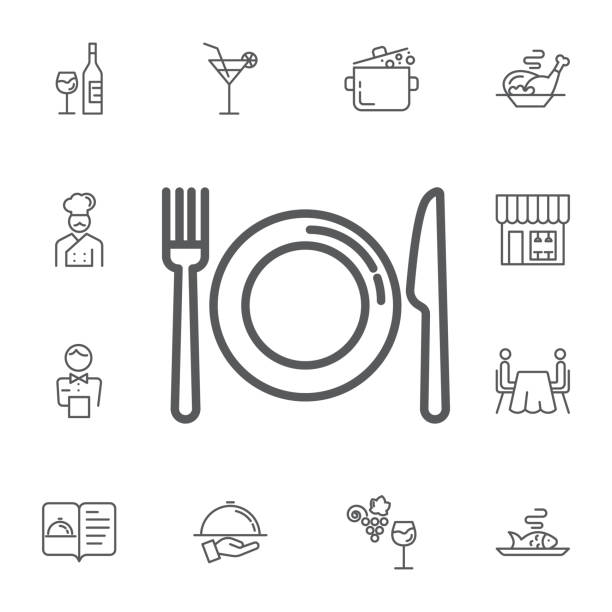 주방 접시, 포크와 나이프의 아이콘입니다. 간단한 레스토랑 벡터의 설정 라인 아이콘입니다. - gourmet stock illustrations
