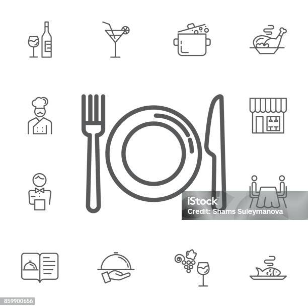 Kitchen Icon Of Dish Fork And Knife Simple Set Of Restaurant Vector Line Icons Stock Illustration - Download Image Now