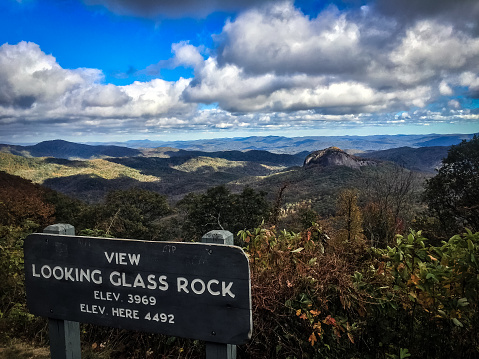 The view of Looking Glass Rock from the Blue Ridge Parkway, near Asheville, NC.