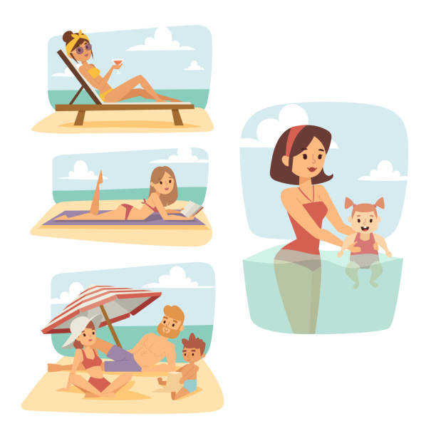 ilustrações, clipart, desenhos animados e ícones de as pessoas na praia ao ar livre, diversão de luz solar de estilo de vida de verão férias felizes de ilustração de vetores de personagens de desenhos animados de tempo - fun tourist resort beach group of people