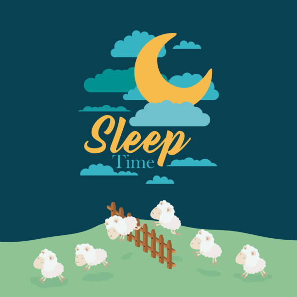 ilustraciones, imágenes clip art, dibujos animados e iconos de stock de paisaje de noche de escena de color del tiempo de sueño con ovejas saltar la valla de madera - sheeps through time