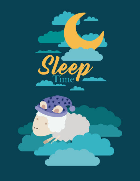ilustraciones, imágenes clip art, dibujos animados e iconos de stock de paisaje de noche color cartel escena de tiempo de sueño con ovejas en las nubes - sheeps through time