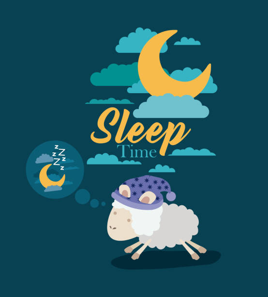 ilustraciones, imágenes clip art, dibujos animados e iconos de stock de paisaje de cielo color cartel escena de tiempo de sueño con el pensamiento de ovejas en la noche - sheeps through time