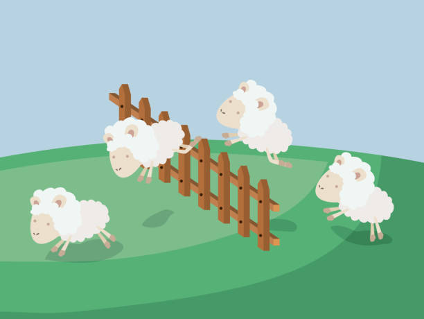 ilustraciones, imágenes clip art, dibujos animados e iconos de stock de paisaje de escena de póster de color del tiempo de sueño con ovejas saltar la valla de madera - sheeps through time