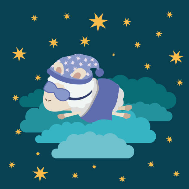 ilustraciones, imágenes clip art, dibujos animados e iconos de stock de paisaje de noche color cartel escena de tiempo de sueño con ovejas en las nubes con antifaz para dormir - sheeps through time