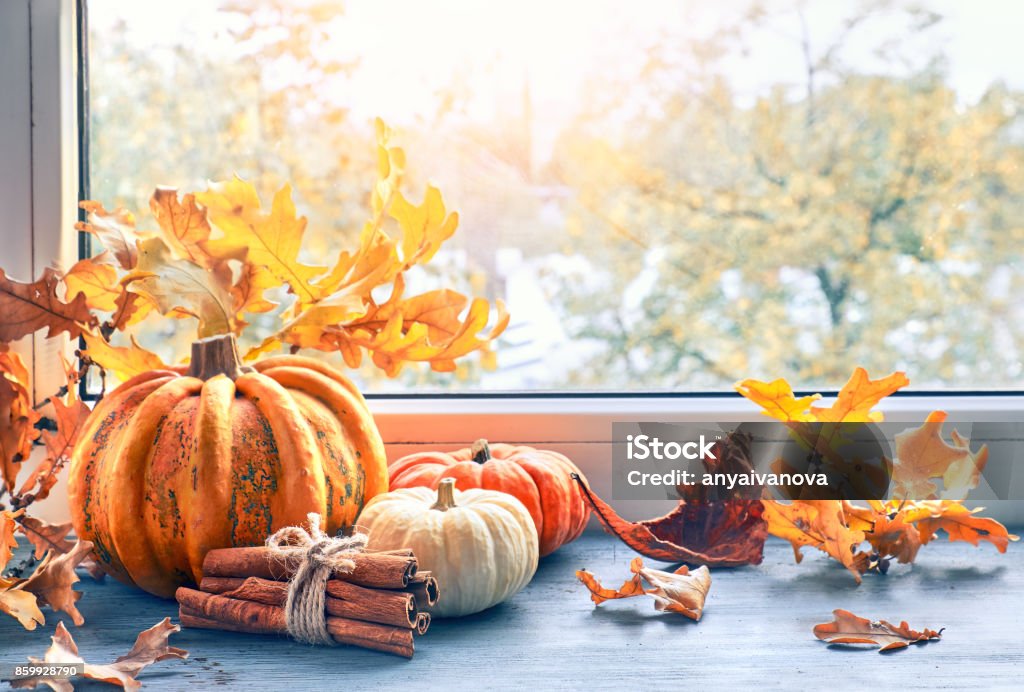 Autumn arrangement with pumpkins and yellow leaves by the window Pumpkins, cinnamon and yellow oak leaves on a table by the window on a sunset in Autumn. Autumn background, toned image. Autumn Stock Photo