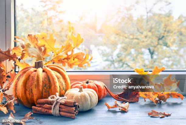 Autumn Arrangement With Pumpkins And Yellow Leaves By The Window Stock Photo - Download Image Now