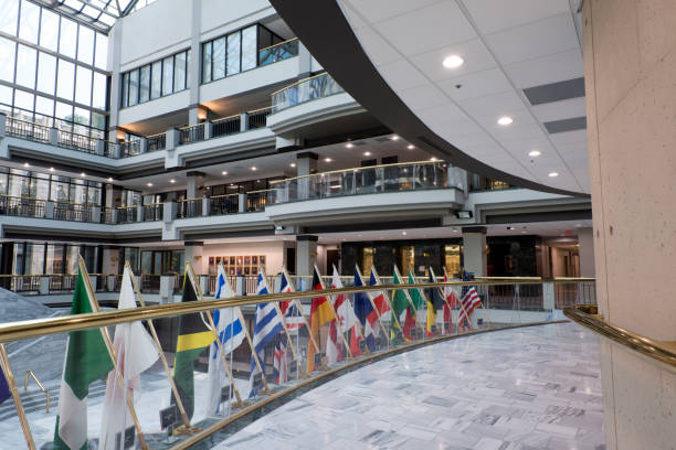 Atlanta, USA - September 15, 2017. Flag display at atrium inside the Atlanta City Hall. The city hall is located on Mitchell St SW in downtown Atlanta and serves as the headquarters of Atlanta municipal government.