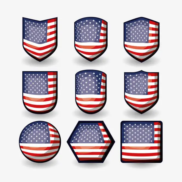 Vector illustration of white background of colorful three-dimensional set flags united states of america different shapes