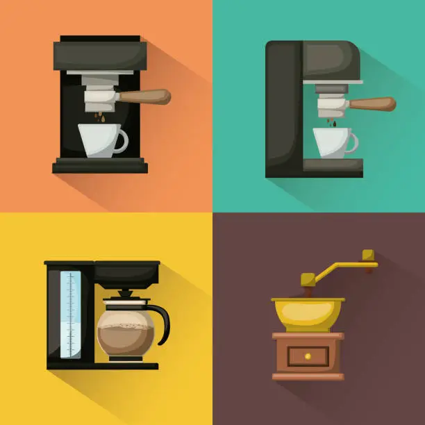 Vector illustration of colorful square background with coffee machine set