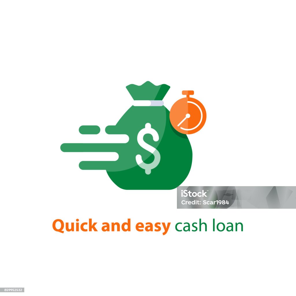 Fast loan, quick money, finance services, timely payment, stopwatch and money bag, vector icon Quick and easy loan, fast money providence, business and finance services, timely payment, financial solution, vector icon Speed stock vector