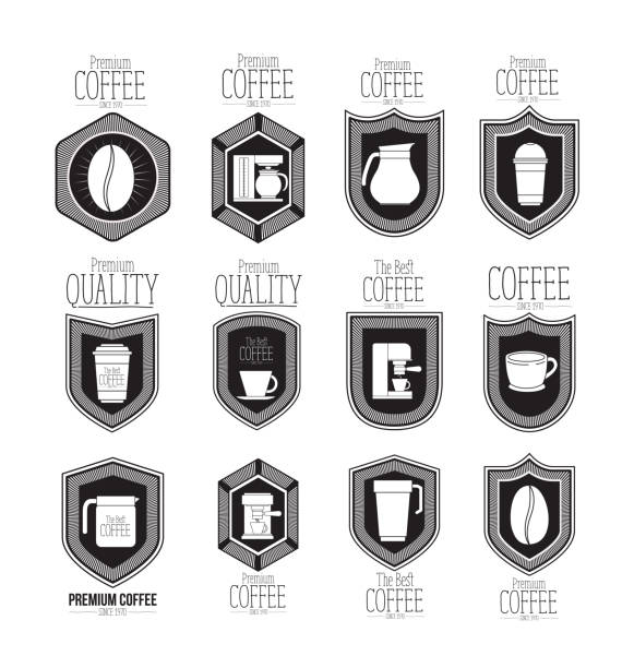 white background of set logo design of emblem decorative premium coffee beans of best coffee since 1970 white background of set logo design of emblem decorative premium coffee beans of best coffee since 1970 vector illustration luxury coffee machine stock illustrations