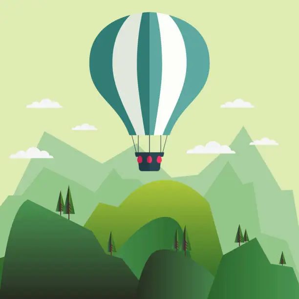 Vector illustration of Hot air balloons flying over beautiful mountain landscape. Nature, camping, travel, vacation and holiday vector concept