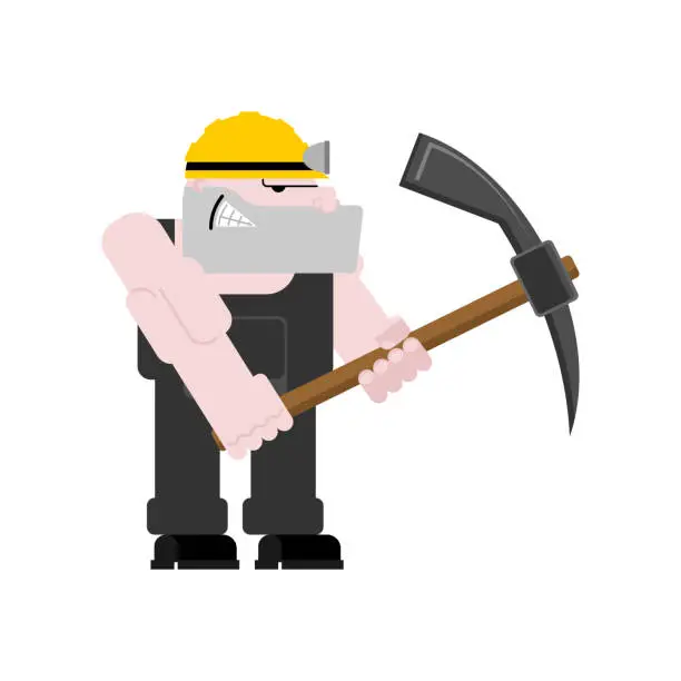 Vector illustration of Miner worker mining isolated. collier with pickaxe. Pitman is at work in mine. Working Coal Mining. Vector illustration