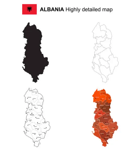 Vector illustration of Albania - Isolated vector highly detailed political map with regions, provinces and capital. All elements are separated in editable layers EPS 10.