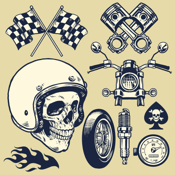 illustrations, cliparts, dessins animés et icônes de jeu de main en élément de moto vintage - throttle