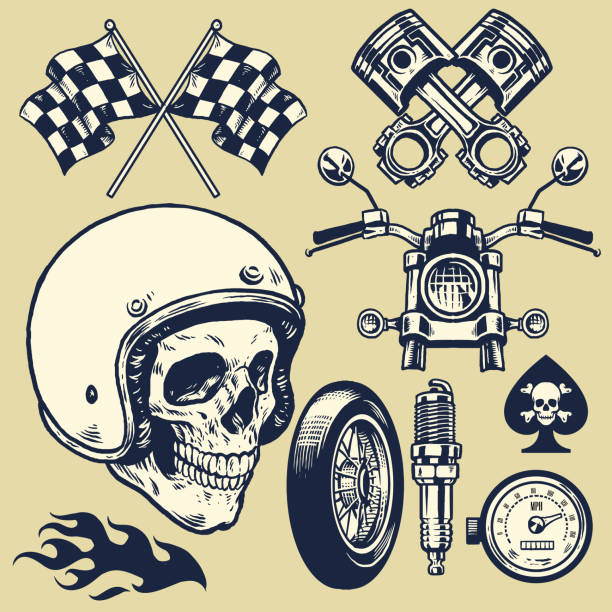 illustrazioni stock, clip art, cartoni animati e icone di tendenza di set di elemento moto d'epoca fatto a mano - sports helmet