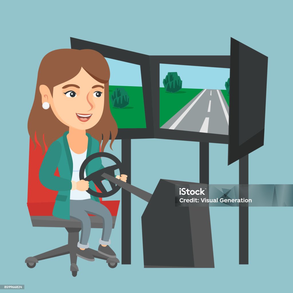 Junge Frau Videospiel mit Gaming-Rad - Lizenzfrei Ausrüstung und Geräte Vektorgrafik