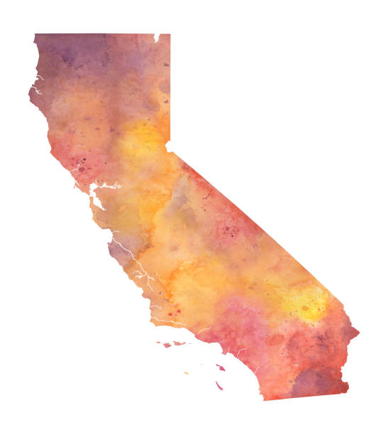 Watercolor Map of the US state of California in Autumn Colors A highly detailed watercolor map of the US State of California with a multicoloured, red, orange, yellow and purple fall-themed hand-painted watercolor texture. Map is isolated on a white background.  california fuchsia stock illustrations