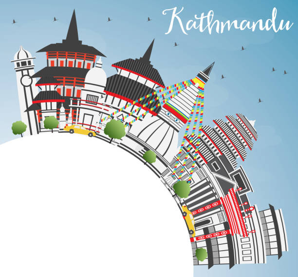 Kathmandu Skyline with Gray Buildings, Blue Sky and Copy Space. Kathmandu Skyline with Gray Buildings, Blue Sky and Copy Space. Vector Illustration. Business Travel and Tourism Concept with Historic Architecture. Image for Presentation Banner Placard and Web Site. kathmandu people stock illustrations