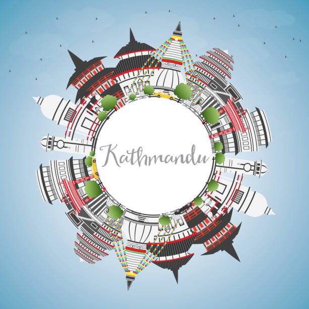 Kathmandu Skyline with Gray Buildings, Blue Sky and Copy Space. Kathmandu Skyline with Gray Buildings, Blue Sky and Copy Space. Vector Illustration. Business Travel and Tourism Concept with Historic Architecture. Image for Presentation Banner Placard and Web Site. kathmandu people stock illustrations
