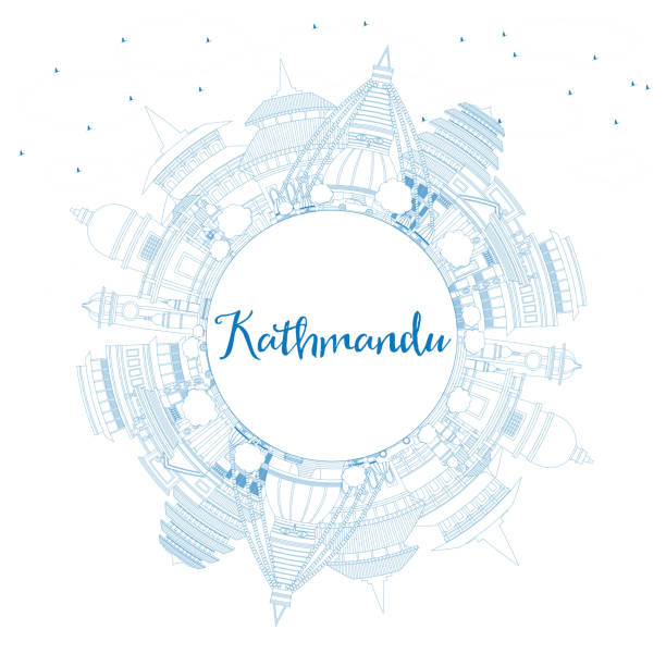 Outline Kathmandu Skyline with Blue Buildings and Copy Space. Outline Kathmandu Skyline with Blue Buildings and Copy Space. Vector Illustration. Business Travel and Tourism Concept with Historic Architecture. Image for Presentation Banner Placard and Web Site. kathmandu people stock illustrations