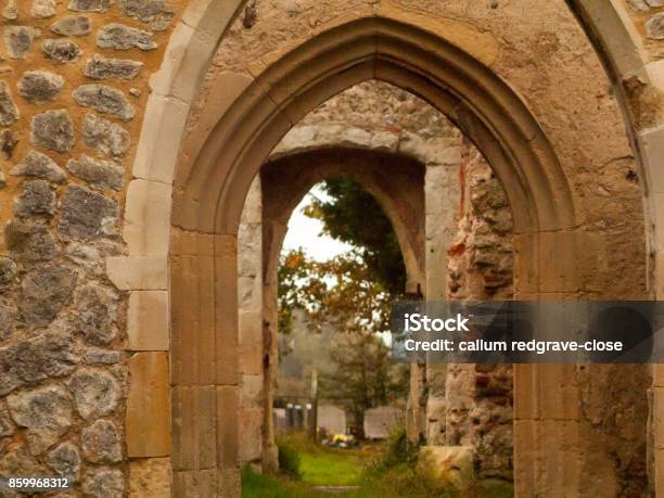 Zoom In Through Stone Arch Ways Of Abandoned Burnt Down Church Stock Photo - Download Image Now