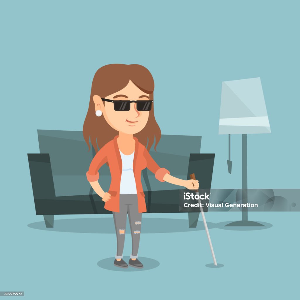 Young caucasian blind woman with a stick Caucasian blind woman standing with a walking stick at home. Young blind woman in dark glasses standing with a cane. Blind woman walking with a stick. Vector cartoon illustration. Square layout. Accessibility for Persons with Disabilities stock vector