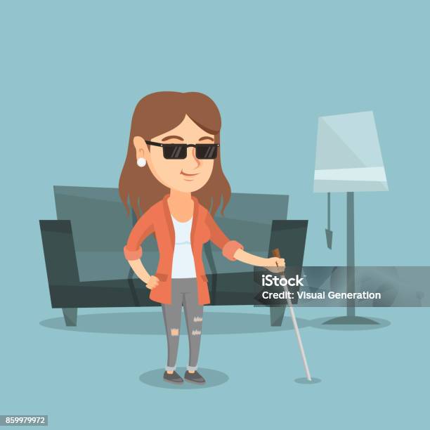 Young Caucasian Blind Woman With A Stick Stock Illustration - Download Image Now - Accessibility for Persons with Disabilities, Adult, Adults Only
