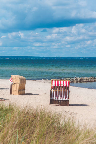 istock Red striped roofed chairs on empty sandy beach in Travemunde. Grass bush in foreground. Germany 859980528